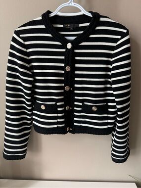 Maje Black and White Striped Button-Up Jacket, size 2